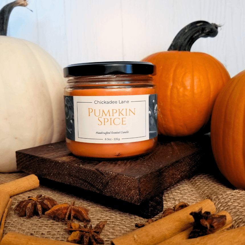 Pumpkin Spice candle on a wodden shelf surrounded by pumpkins and cinnamon sticks.