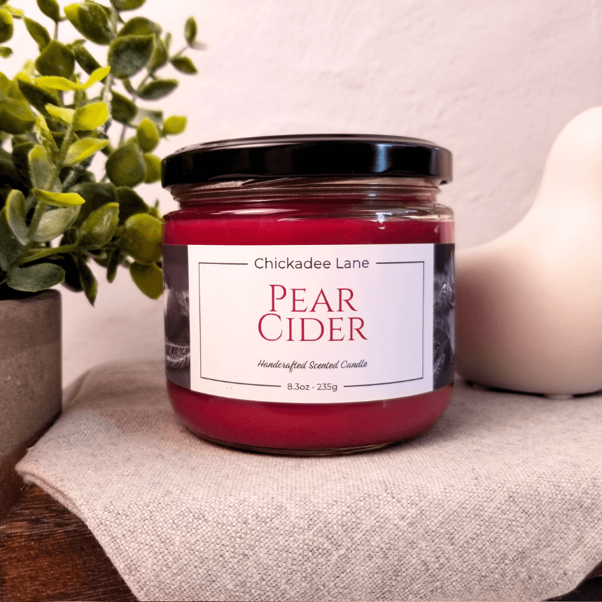 Pear Cider candle sitting on a shelf between a plant and a porcelain bird.