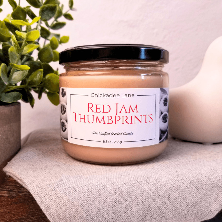 Red Jam Thumbprint candle sitting on a shelf between a plant and a porcelain bird.