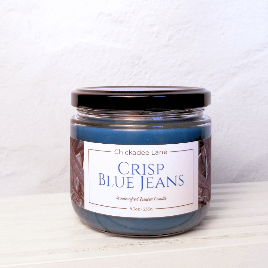 Product photo for Crisp Blue Jeans candle.
