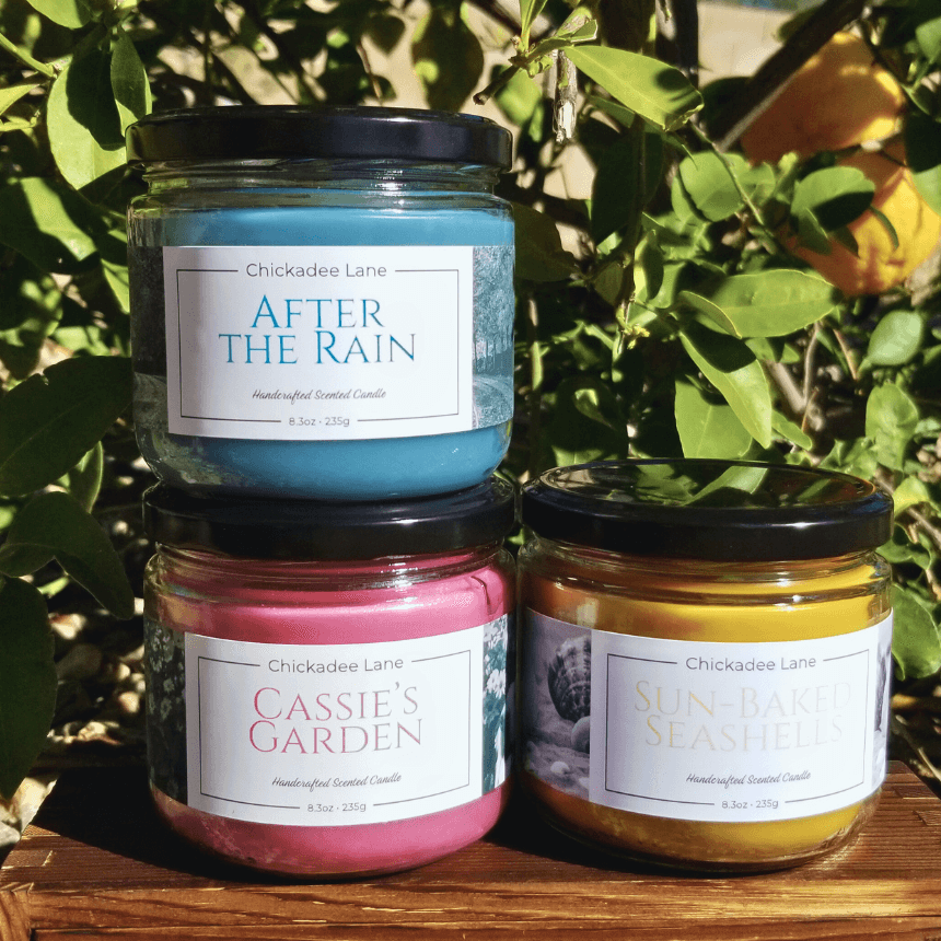 Sun Baked Seashells, Cassie's Garden, and After the Rain candles sitting on a wooden shelf in the sunlight in front of a bush.